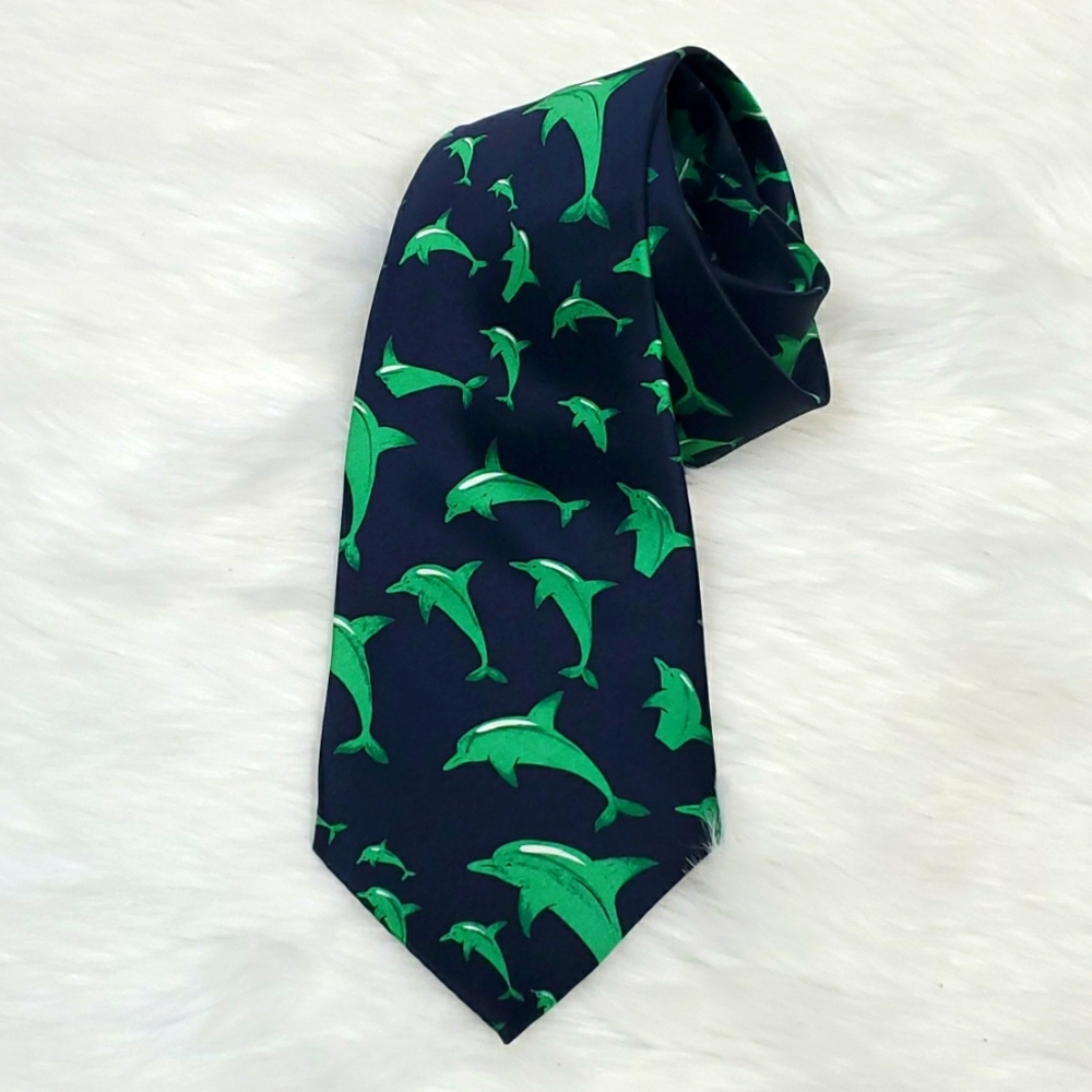 Vintage Hermes dolphin blue green silk tie men - Picture 1 of 4